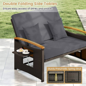 Patio Rattan Daybed with Adjustable Backrest, 2-Person Outdoor Wicker Loveseat with Storage Ottoman, Acacia Wood Armrest & Folding Tray