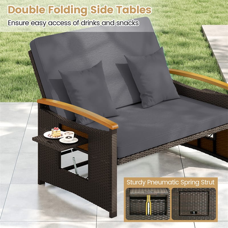 Patio Rattan Daybed with Adjustable Backrest, 2-Person Outdoor Wicker Loveseat with Storage Ottoman, Acacia Wood Armrest & Folding Tray