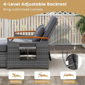 Patio Rattan Daybed with Adjustable Backrest, 2-Person Outdoor Wicker Loveseat with Storage Ottoman, Acacia Wood Armrest & Folding Tray