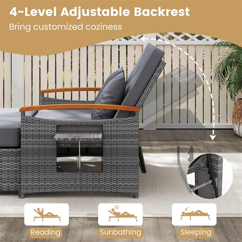 Patio Rattan Daybed with Adjustable Backrest, 2-Person Outdoor Wicker Loveseat with Storage Ottoman, Acacia Wood Armrest & Folding Tray