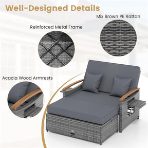Patio Rattan Daybed with Adjustable Backrest, 2-Person Outdoor Wicker Loveseat with Storage Ottoman, Acacia Wood Armrest & Folding Tray