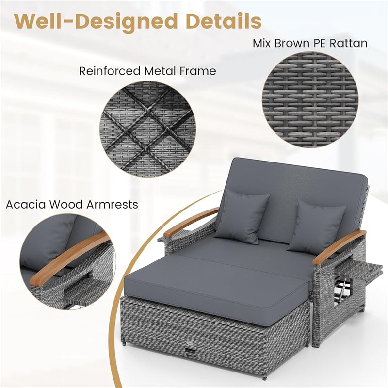 Patio Rattan Daybed with Adjustable Backrest, 2-Person Outdoor Wicker Loveseat with Storage Ottoman, Acacia Wood Armrest & Folding Tray
