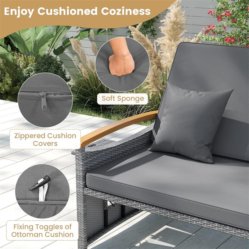 Patio Rattan Daybed with Adjustable Backrest, 2-Person Outdoor Wicker Loveseat with Storage Ottoman, Acacia Wood Armrest & Folding Tray