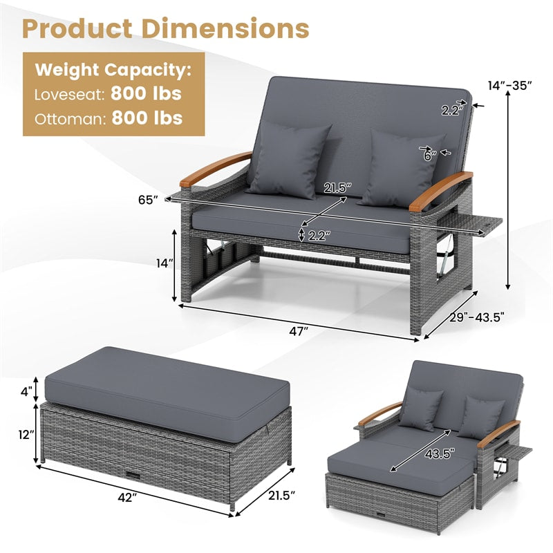 Patio Rattan Daybed with Adjustable Backrest, 2-Person Outdoor Wicker Loveseat with Storage Ottoman, Acacia Wood Armrest & Folding Tray