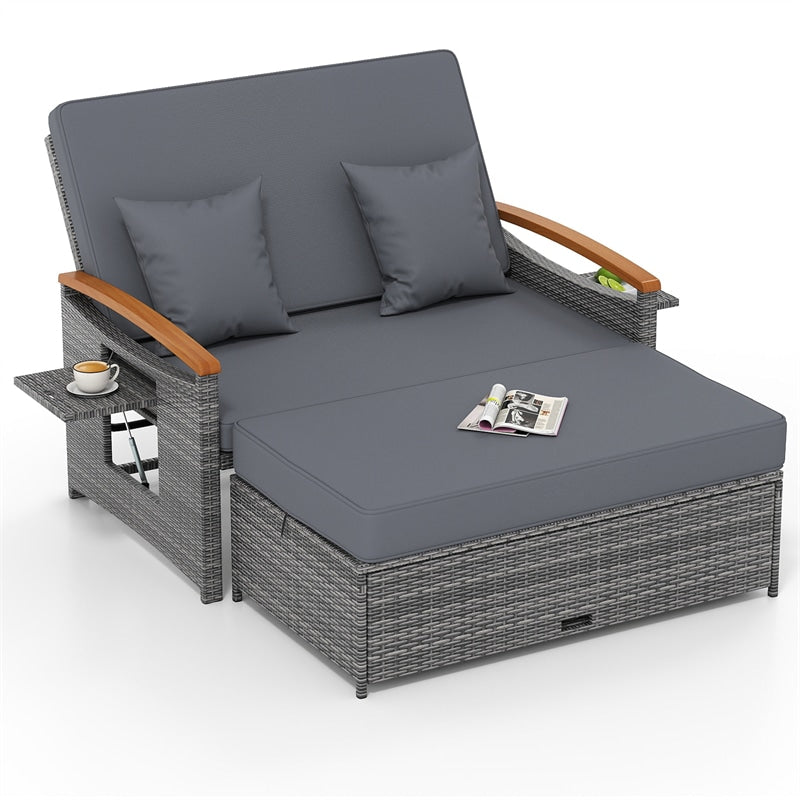 Patio Rattan Daybed with Adjustable Backrest, 2-Person Outdoor Wicker Loveseat with Storage Ottoman, Acacia Wood Armrest & Folding Tray
