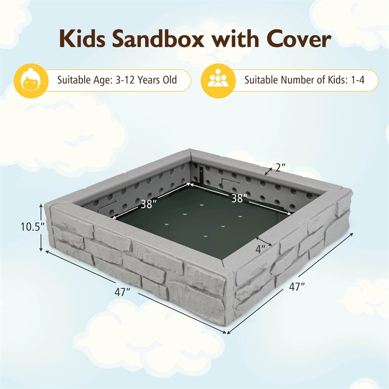 47"x 47" HDPE Kids Sandbox with Oxford Cover & Bottom Liner, Weather Resistant Outdoor Sand Pit for Backyard Lawn Garden Beach