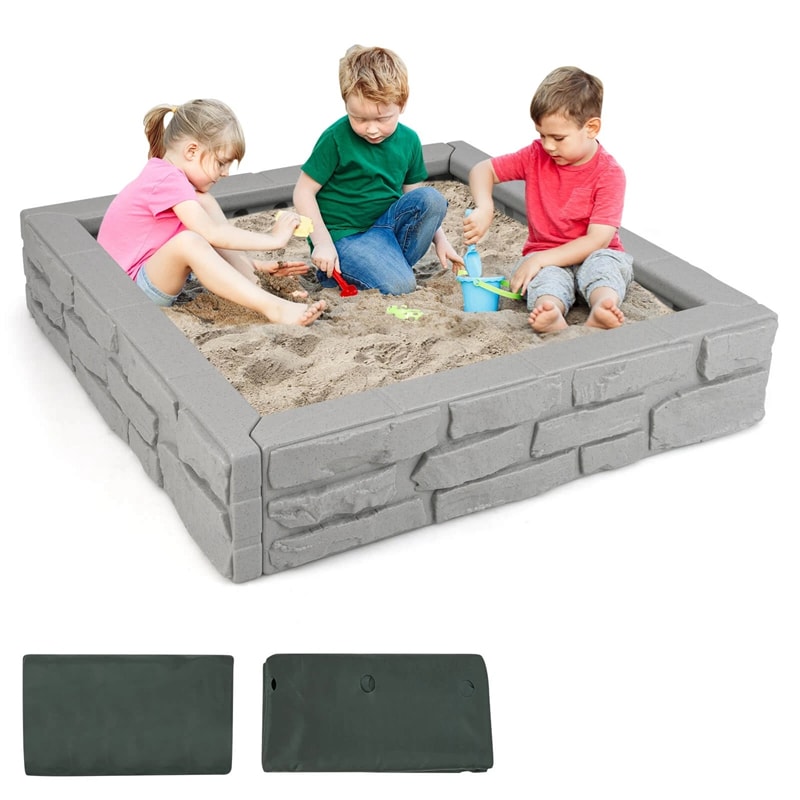 47"x 47" HDPE Kids Sandbox with Oxford Cover & Bottom Liner, Weather Resistant Outdoor Sand Pit for Backyard Lawn Garden Beach