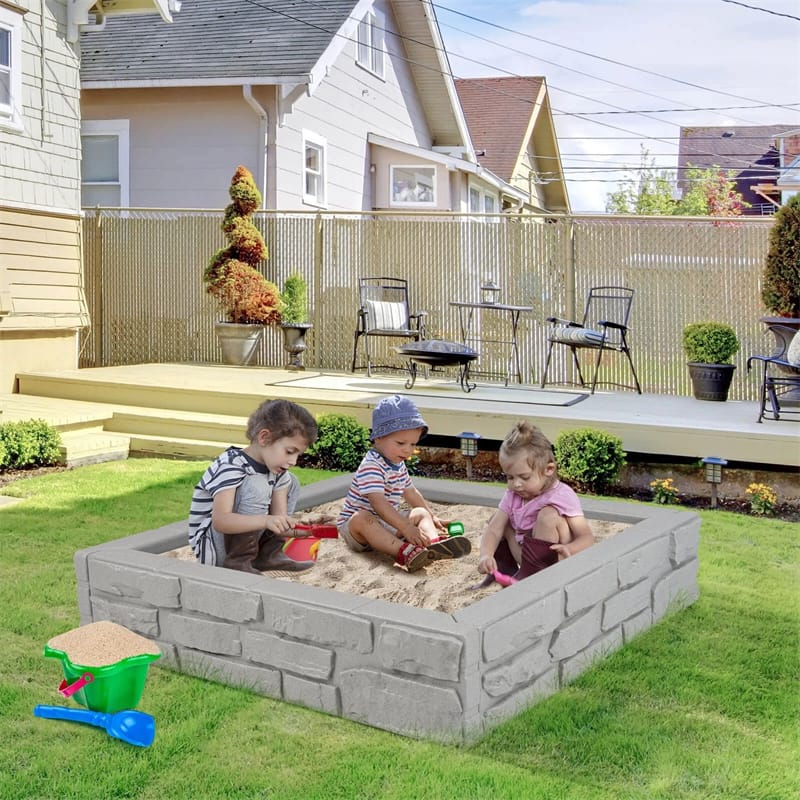 47"x 47" HDPE Kids Sandbox with Oxford Cover & Bottom Liner, Weather Resistant Outdoor Sand Pit for Backyard Lawn Garden Beach