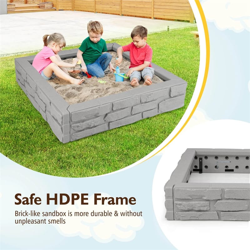 47"x 47" HDPE Kids Sandbox with Oxford Cover & Bottom Liner, Weather Resistant Outdoor Sand Pit for Backyard Lawn Garden Beach