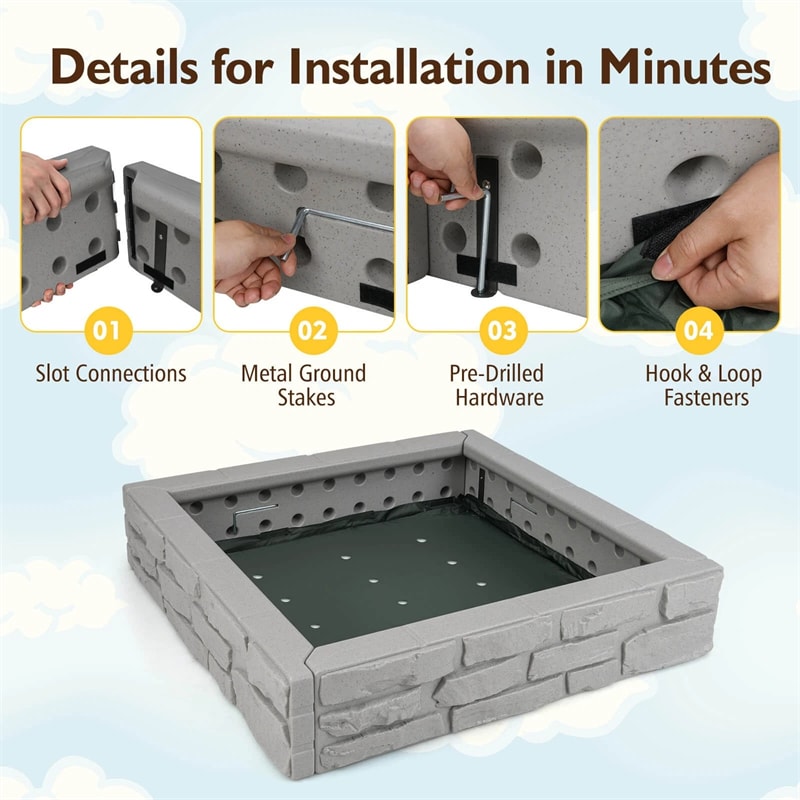 47"x 47" HDPE Kids Sandbox with Oxford Cover & Bottom Liner, Weather Resistant Outdoor Sand Pit for Backyard Lawn Garden Beach