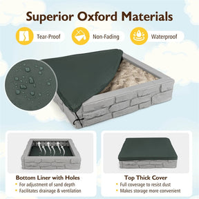 47"x 47" HDPE Kids Sandbox with Oxford Cover & Bottom Liner, Weather Resistant Outdoor Sand Pit for Backyard Lawn Garden Beach
