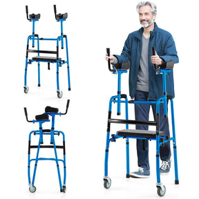 Aluminum Standard Folding Walker, 450LB All-Terrain Stand-Assist Walker with Seat, 5" Wheels & Adjustable Armrests, Lightweight for Seniors