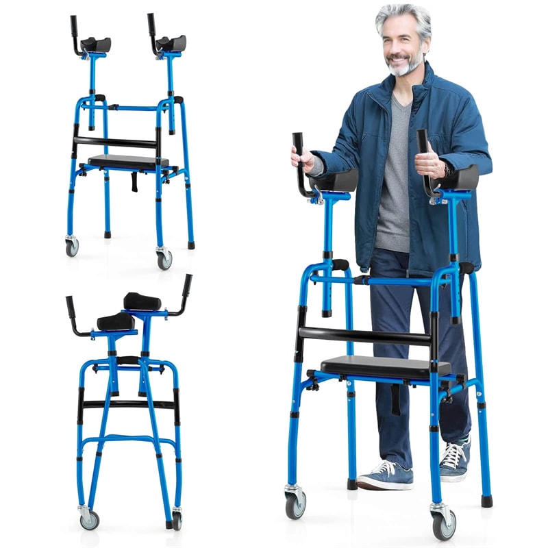 Aluminum Standard Folding Walker, 450LB All-Terrain Stand-Assist Walker with Seat, 5" Wheels & Adjustable Armrests, Lightweight for Seniors
