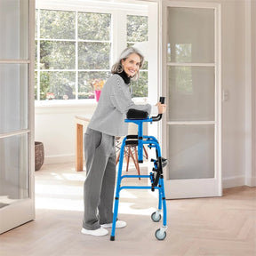 Aluminum Standard Folding Walker, 450LB All-Terrain Stand-Assist Walker with Seat, 5" Wheels & Adjustable Armrests, Lightweight for Seniors