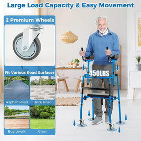 Aluminum Standard Folding Walker, 450LB All-Terrain Stand-Assist Walker with Seat, 5" Wheels & Adjustable Armrests, Lightweight for Seniors