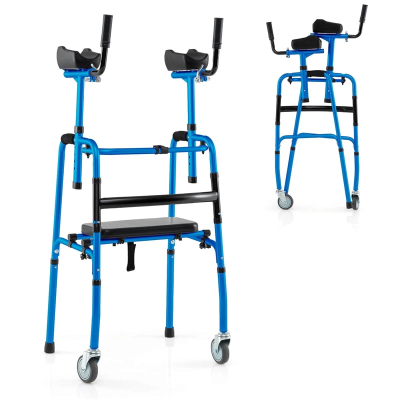 Aluminum Standard Folding Walker, 450LB All-Terrain Stand-Assist Walker with Seat, 5" Wheels & Adjustable Armrests, Lightweight for Seniors
