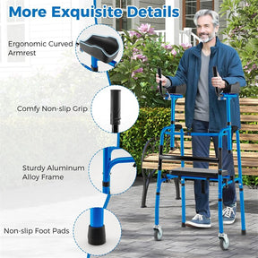Aluminum Standard Folding Walker, 450LB All-Terrain Stand-Assist Walker with Seat, 5" Wheels & Adjustable Armrests, Lightweight for Seniors