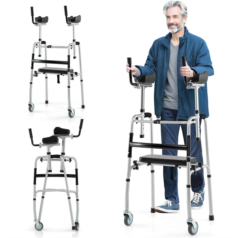 Aluminum Standard Folding Walker, 450LB All-Terrain Stand-Assist Walker with Seat, 5" Wheels & Adjustable Armrests, Lightweight for Seniors