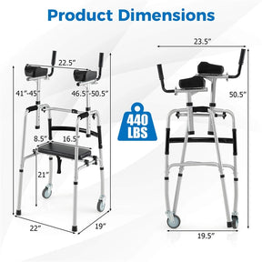 Aluminum Standard Folding Walker, 450LB All-Terrain Stand-Assist Walker with Seat, 5" Wheels & Adjustable Armrests, Lightweight for Seniors