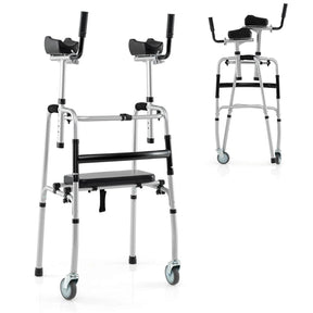 Aluminum Standard Folding Walker, 450LB All-Terrain Stand-Assist Walker with Seat, 5" Wheels & Adjustable Armrests, Lightweight for Seniors