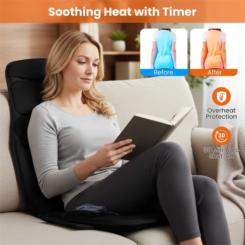 10 Vibration Motors Back Massager Seat Cushion with Heat, Electric Massage Chair Pad with 5 Modes, 3 Speeds & Timer for Pain Relief, Home Office