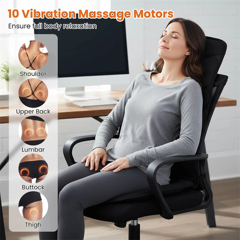 10 Vibration Motors Back Massager Seat Cushion with Heat, Electric Massage Chair Pad with 5 Modes, 3 Speeds & Timer for Pain Relief, Home Office