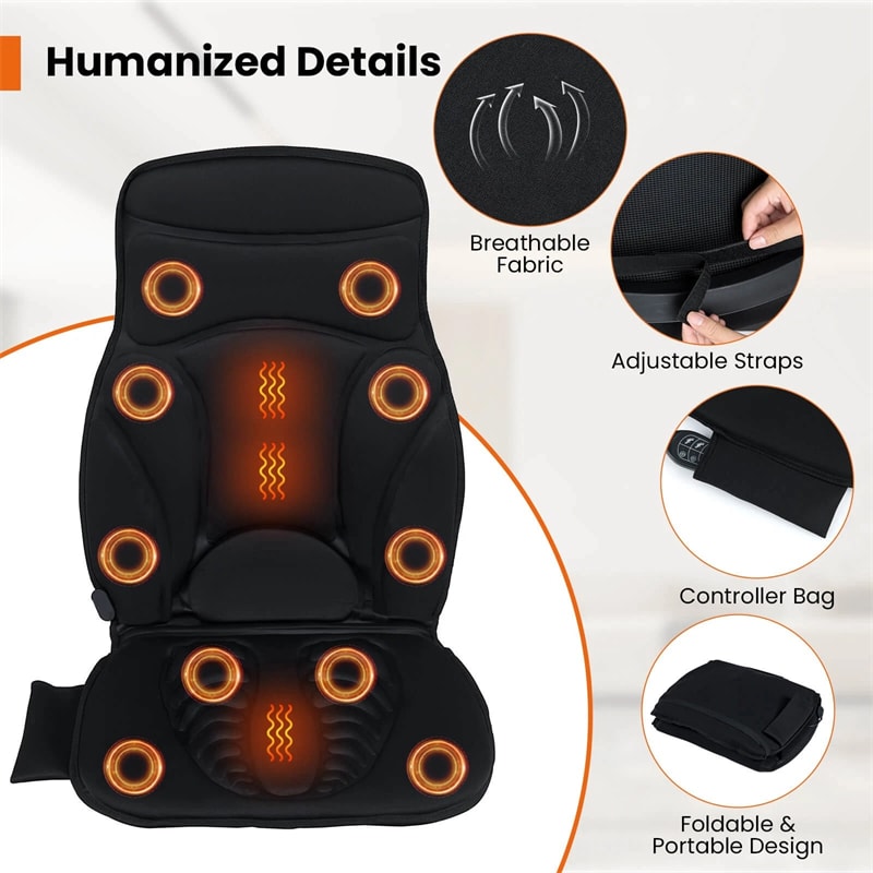 10 Vibration Motors Back Massager Seat Cushion with Heat, Electric Massage Chair Pad with 5 Modes, 3 Speeds & Timer for Pain Relief, Home Office