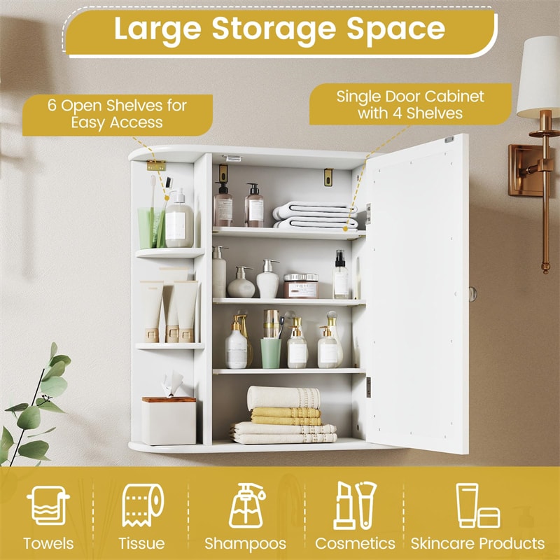 Bathroom Medicine Cabinet with Mirror, Space Saving Wall Mounted Storage Organizer with Mirrored Door, 4 Internal Shelves & 6 Open Side Shelves