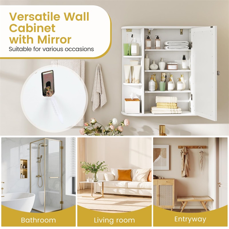 Bathroom Medicine Cabinet with Mirror, Space Saving Wall Mounted Storage Organizer with Mirrored Door, 4 Internal Shelves & 6 Open Side Shelves