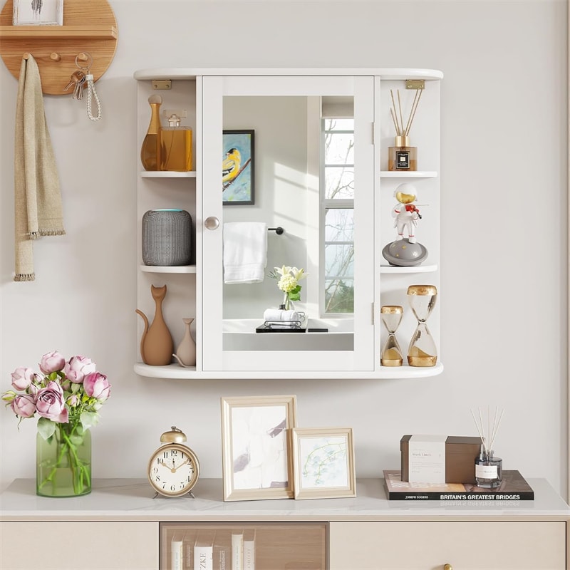 Bathroom Medicine Cabinet with Mirror, Space Saving Wall Mounted Storage Organizer with Mirrored Door, 4 Internal Shelves & 6 Open Side Shelves