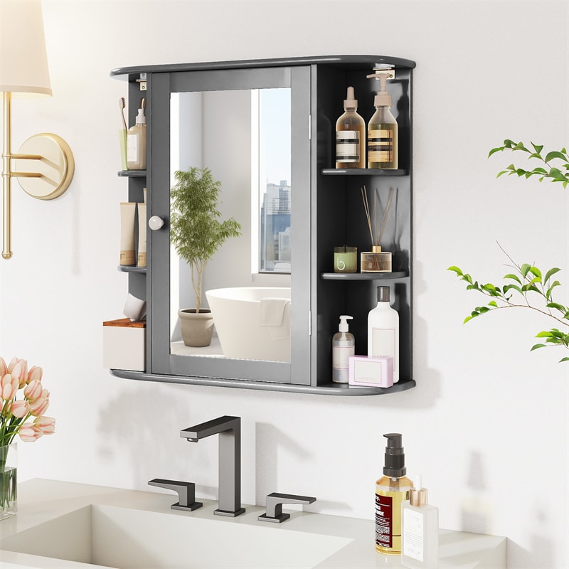 Bathroom Medicine Cabinet with Mirror, Space Saving Wall Mounted Storage Organizer with Mirrored Door, 4 Internal Shelves & 6 Open Side Shelves