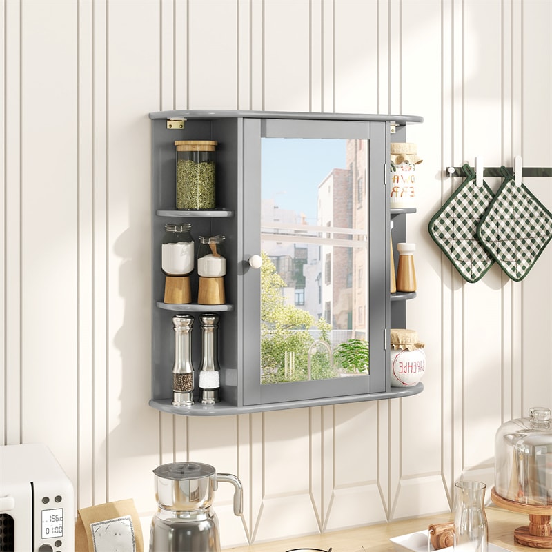 Bathroom Medicine Cabinet with Mirror, Space Saving Wall Mounted Storage Organizer with Mirrored Door, 4 Internal Shelves & 6 Open Side Shelves