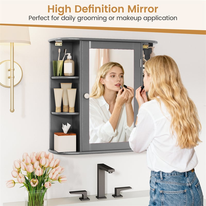 Bathroom Medicine Cabinet with Mirror, Space Saving Wall Mounted Storage Organizer with Mirrored Door, 4 Internal Shelves & 6 Open Side Shelves