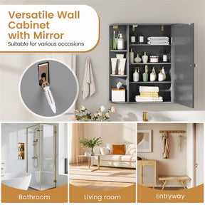 Bathroom Medicine Cabinet with Mirror, Space Saving Wall Mounted Storage Organizer with Mirrored Door, 4 Internal Shelves & 6 Open Side Shelves
