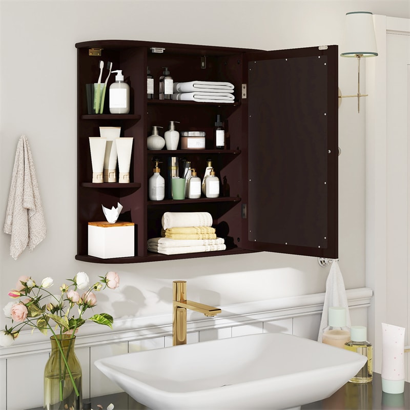 Bathroom Medicine Cabinet with Mirror, Space Saving Wall Mounted Storage Organizer with Mirrored Door, 4 Internal Shelves & 6 Open Side Shelves