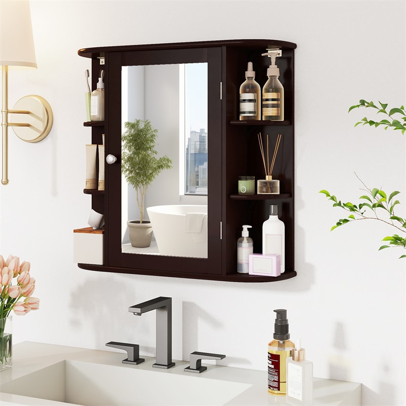 Bathroom Medicine Cabinet with Mirror, Space Saving Wall Mounted Storage Organizer with Mirrored Door, 4 Internal Shelves & 6 Open Side Shelves