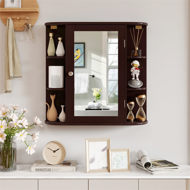 Bathroom Medicine Cabinet with Mirror, Space Saving Wall Mounted Storage Organizer with Mirrored Door, 4 Internal Shelves & 6 Open Side Shelves