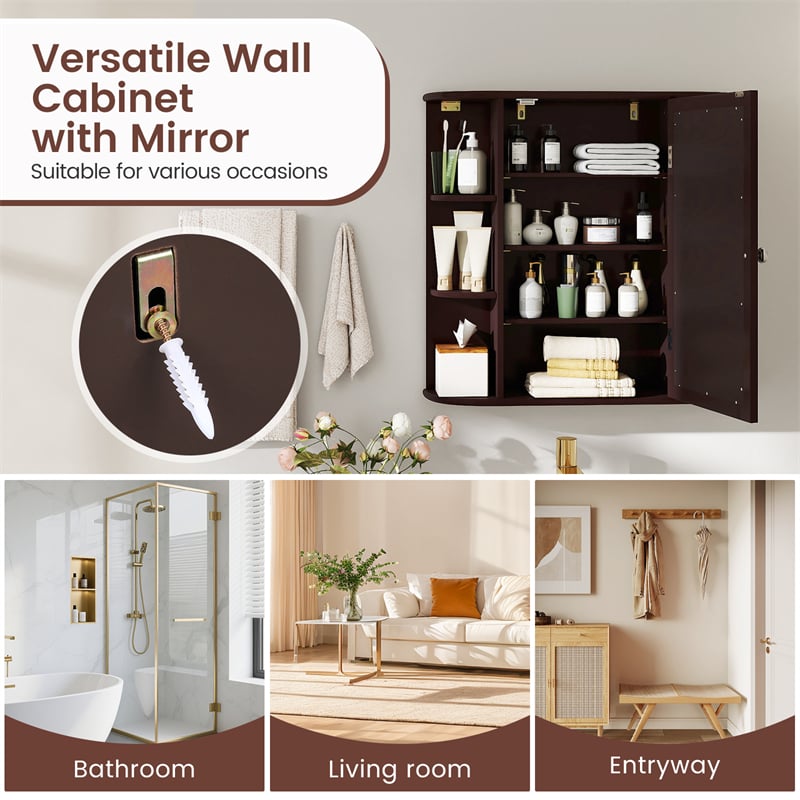 Bathroom Medicine Cabinet with Mirror, Space Saving Wall Mounted Storage Organizer with Mirrored Door, 4 Internal Shelves & 6 Open Side Shelves