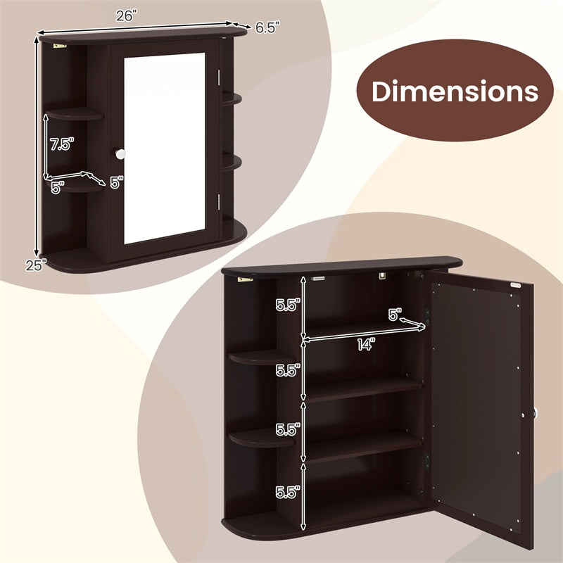 Bathroom Medicine Cabinet with Mirror, Space Saving Wall Mounted Storage Organizer with Mirrored Door, 4 Internal Shelves & 6 Open Side Shelves