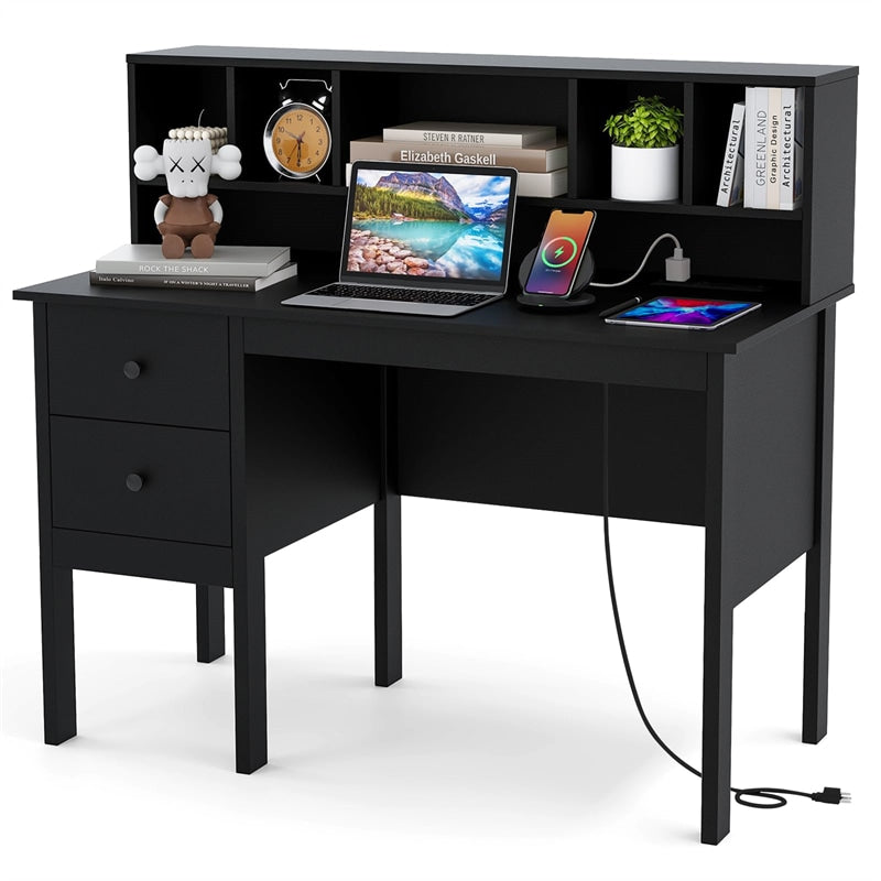 48" Home Office Desk with Power Outlets, USB & Type-C Charging Station, Modern Writing Desk w/ 5-Cubby Hutch & Drawers for Study Makeup Vanity