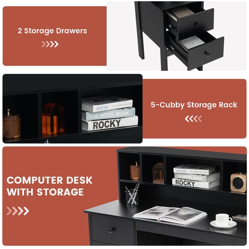 48" Home Office Desk with Power Outlets, USB & Type-C Charging Station, Modern Writing Desk w/ 5-Cubby Hutch & Drawers for Study Makeup Vanity