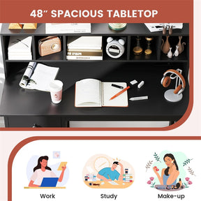 48" Home Office Desk with Power Outlets, USB & Type-C Charging Station, Modern Writing Desk w/ 5-Cubby Hutch & Drawers for Study Makeup Vanity