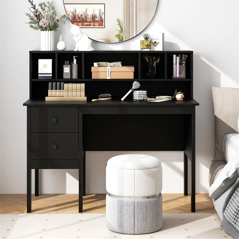 48" Home Office Desk with Power Outlets, USB & Type-C Charging Station, Modern Writing Desk w/ 5-Cubby Hutch & Drawers for Study Makeup Vanity