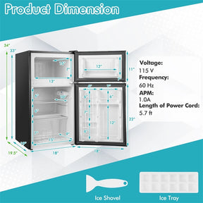 3.2 Cu.Ft Compact Refrigerator, Reversible 2-Door Mini Fridge with Freezer, Adjustable Temp & Removable Shelves for Dorm, Apartment, Office