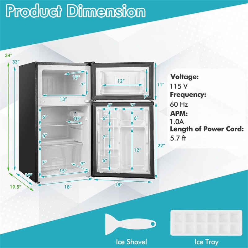 3.2 Cu.Ft Compact Refrigerator, Reversible 2-Door Mini Fridge with Freezer, Adjustable Temp & Removable Shelves for Dorm, Apartment, Office