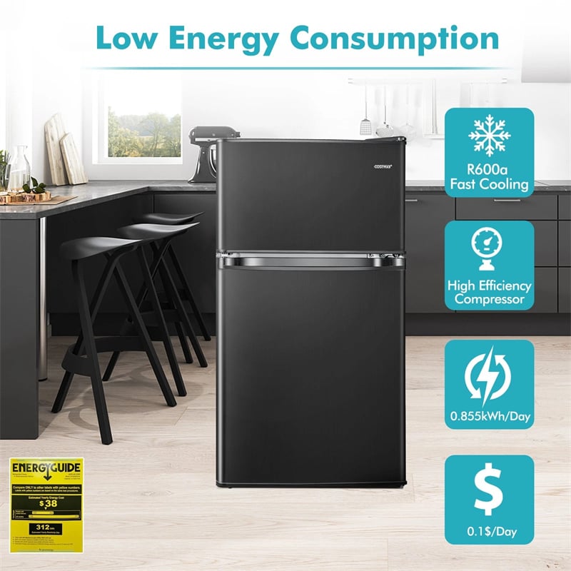 3.2 Cu.Ft Compact Refrigerator, Reversible 2-Door Mini Fridge with Freezer, Adjustable Temp & Removable Shelves for Dorm, Apartment, Office