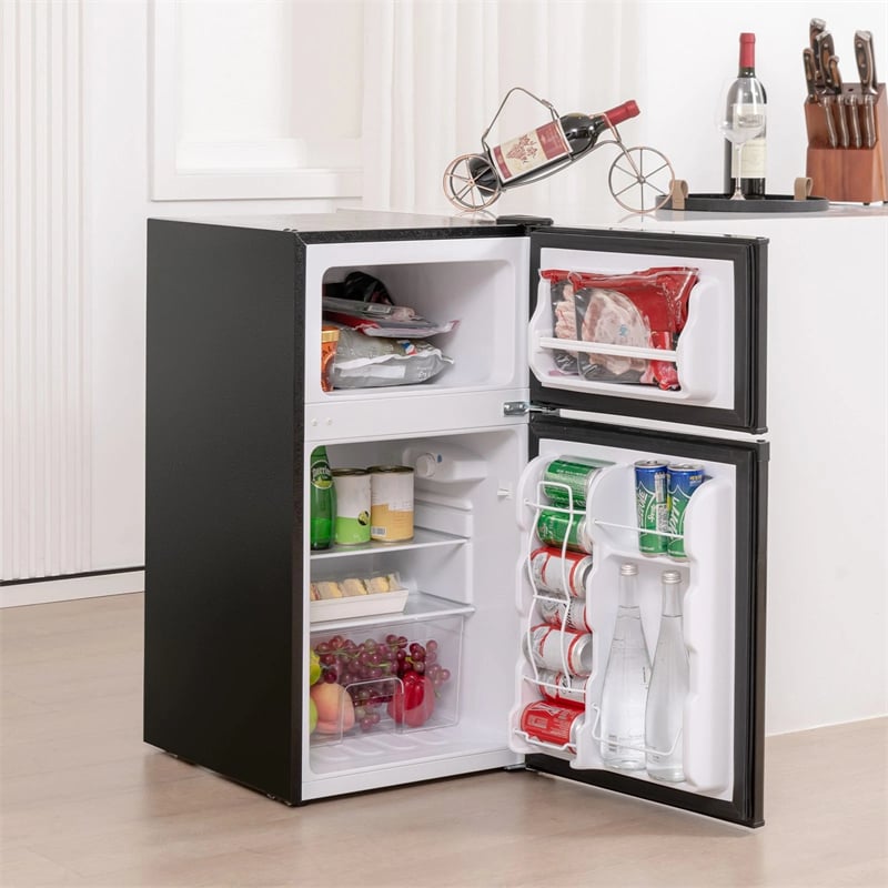 3.2 Cu.Ft Compact Refrigerator, Reversible 2-Door Mini Fridge with Freezer, Adjustable Temp & Removable Shelves for Dorm, Apartment, Office