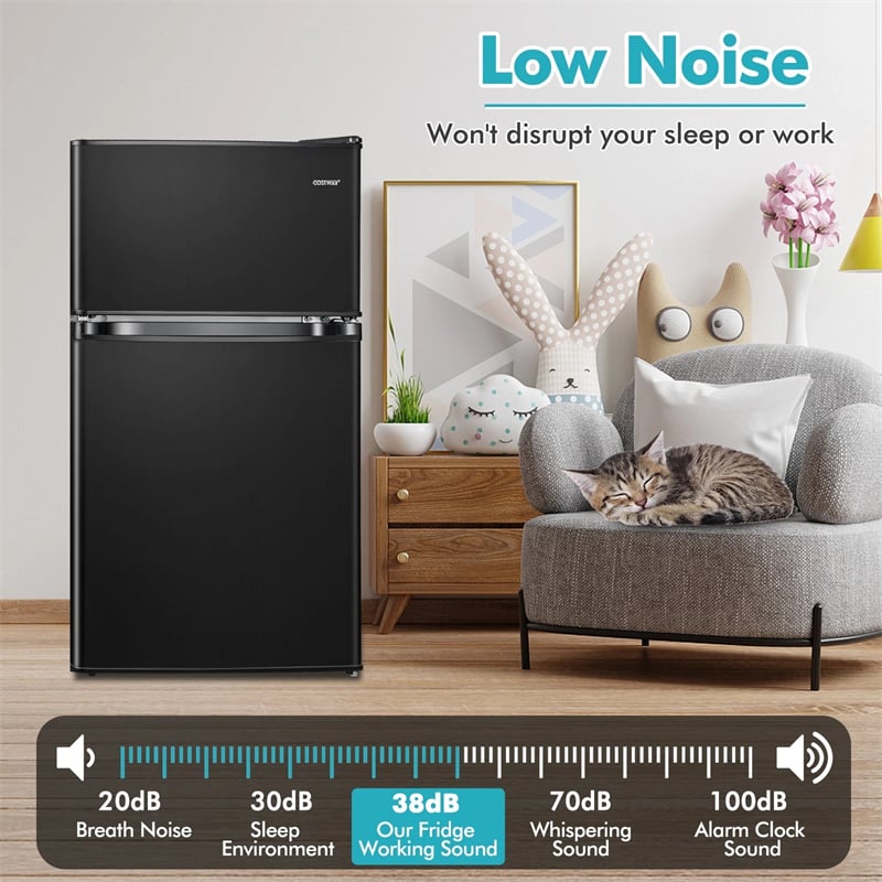 3.2 Cu.Ft Compact Refrigerator, Reversible 2-Door Mini Fridge with Freezer, Adjustable Temp & Removable Shelves for Dorm, Apartment, Office