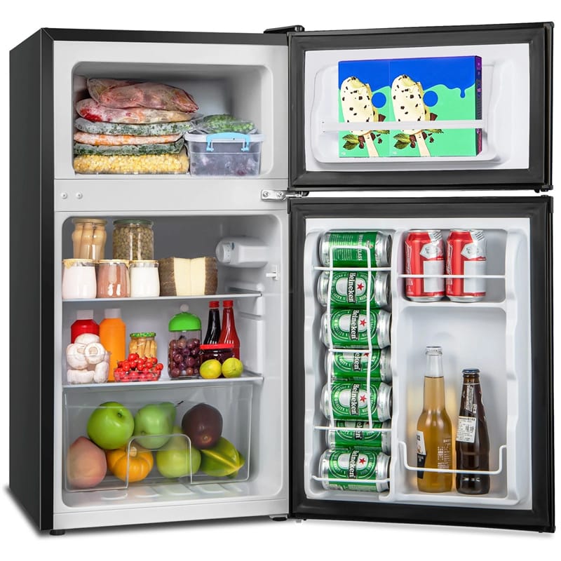 3.2 Cu.Ft Compact Refrigerator, Reversible 2-Door Mini Fridge with Freezer, Adjustable Temp & Removable Shelves for Dorm, Apartment, Office