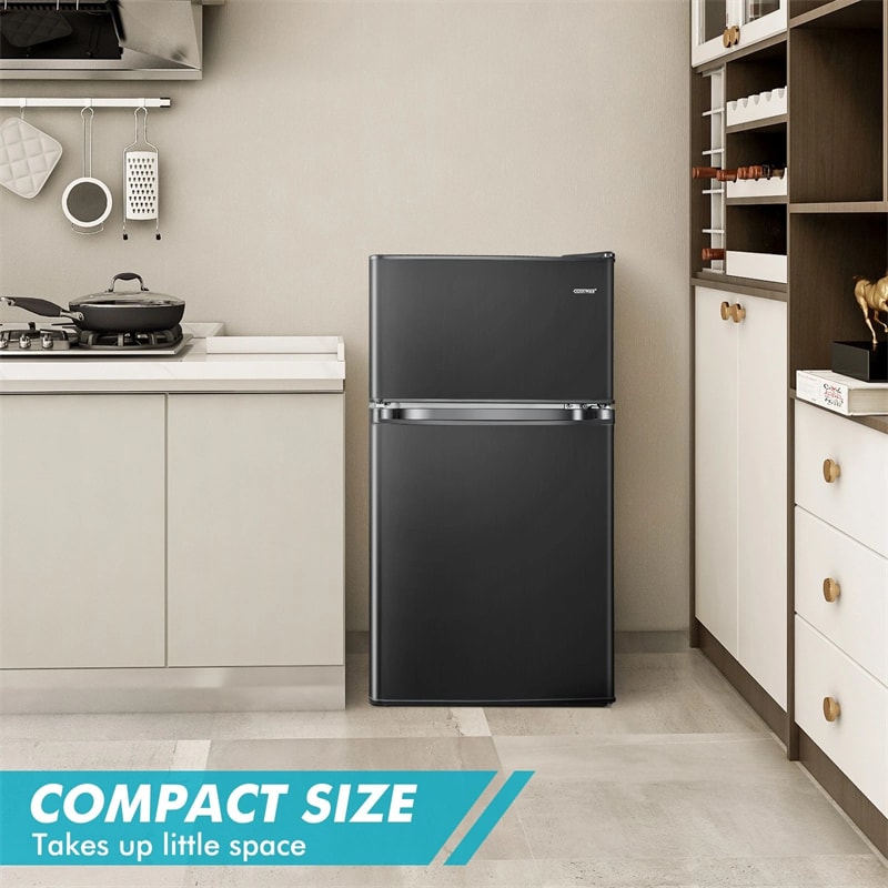 3.2 Cu.Ft Compact Refrigerator, Reversible 2-Door Mini Fridge with Freezer, Adjustable Temp & Removable Shelves for Dorm, Apartment, Office